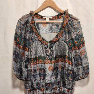 Trinity 100% Silk Blouse Women's Size M Floral V-Neck 3/4 Sleeve Elastic Waist